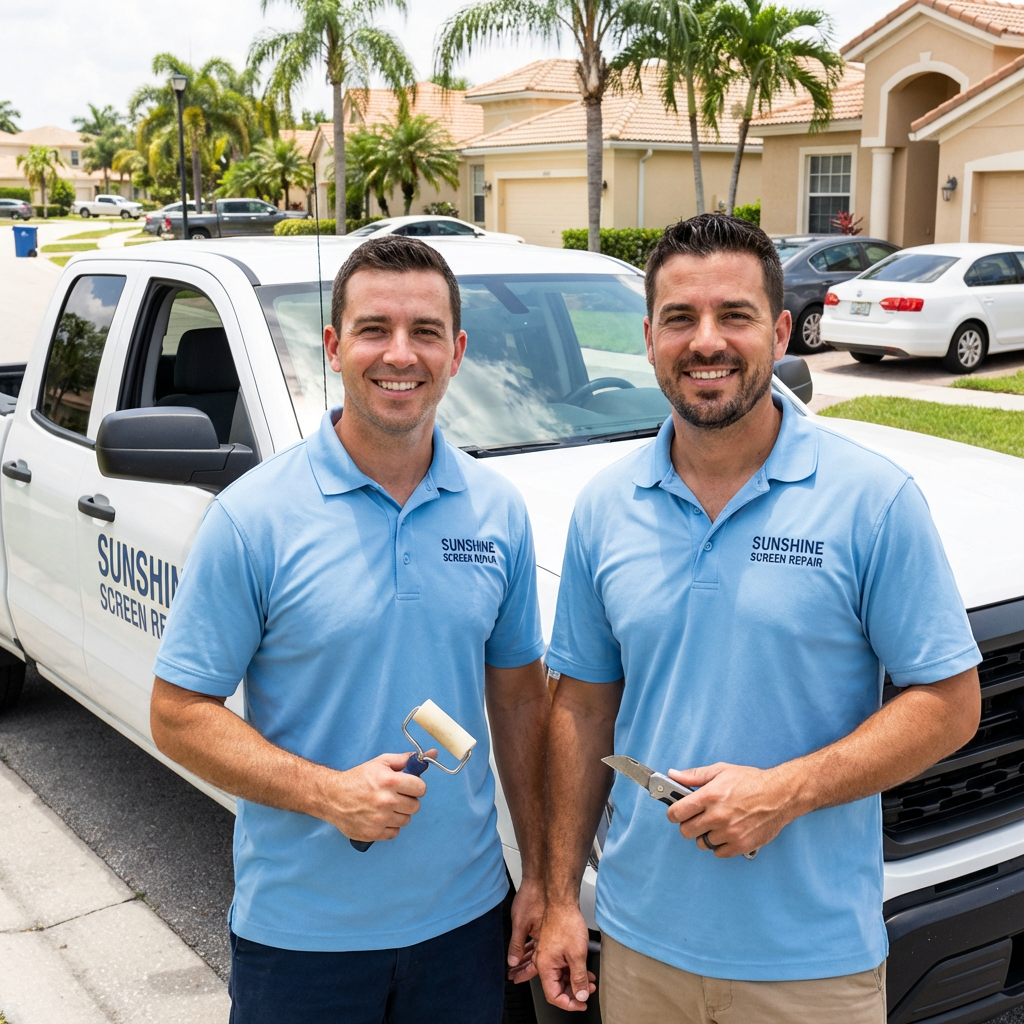 Screens 'R' Us team working on pool cage rescreen in Tampa Bay