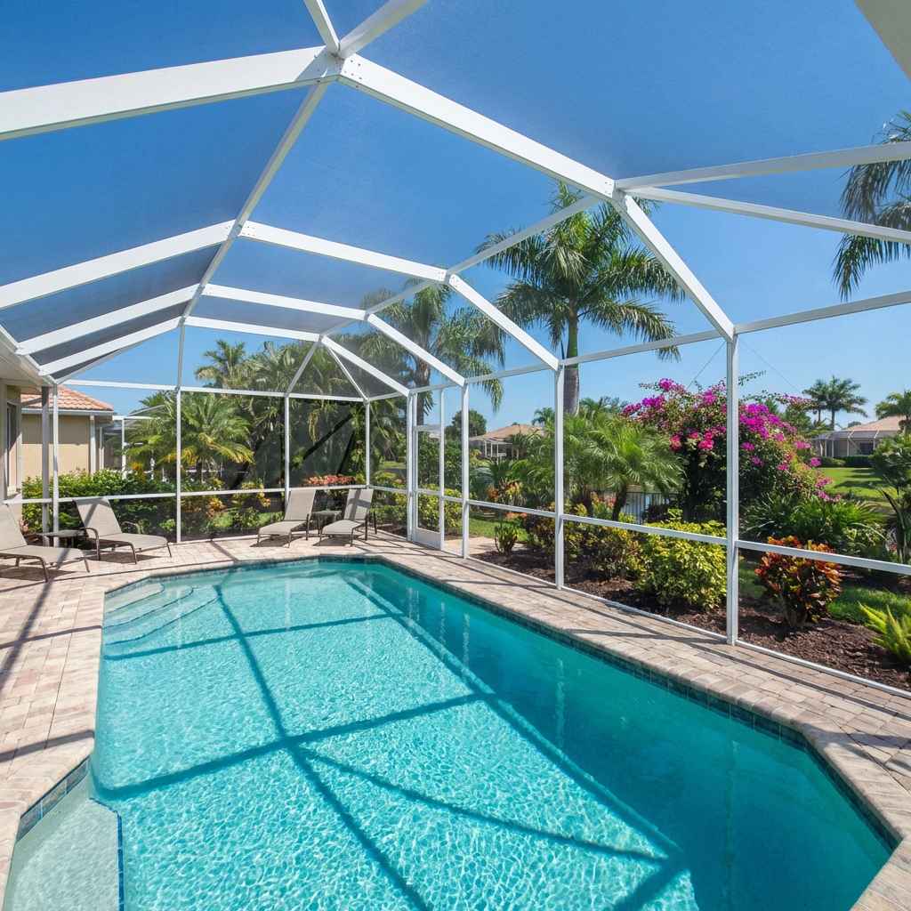 Restored pool cage screen after full rescreen in Tampa