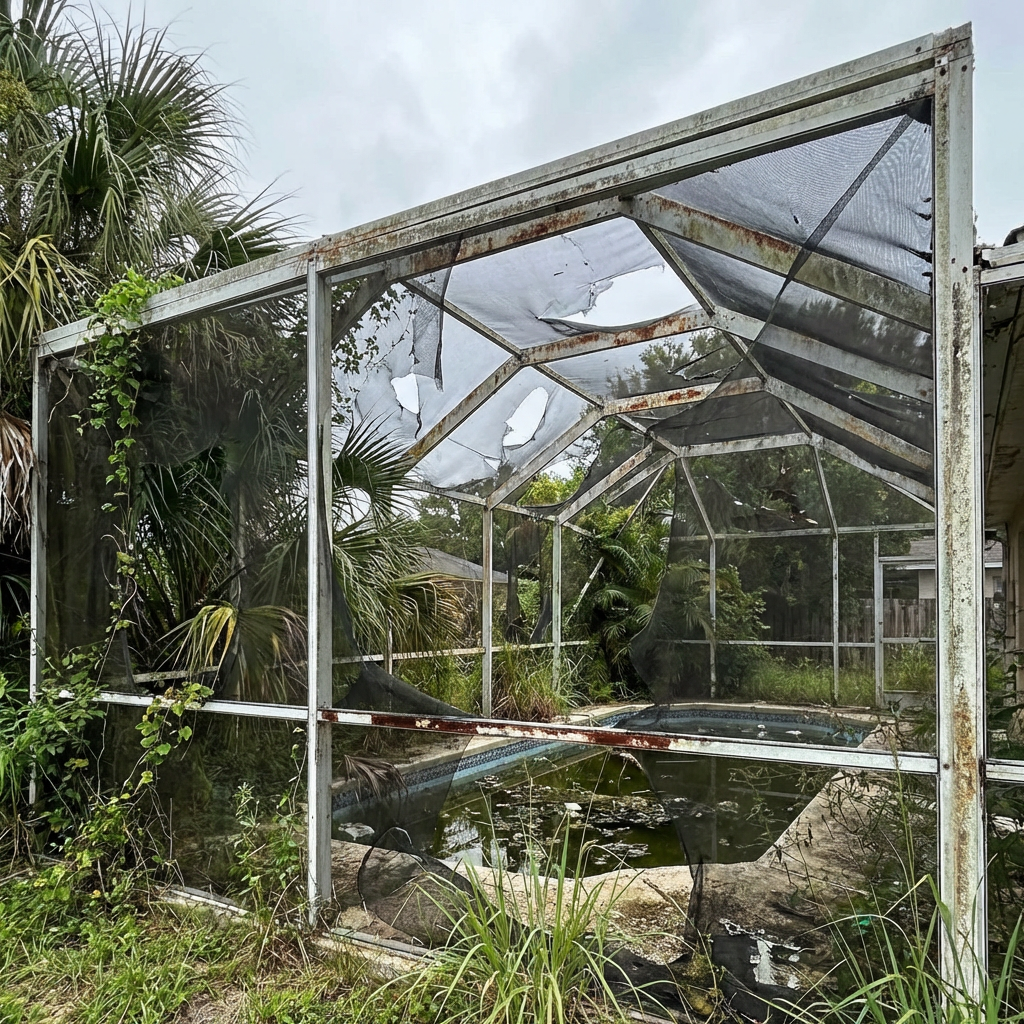 Damaged pool cage screen before repair in Tampa