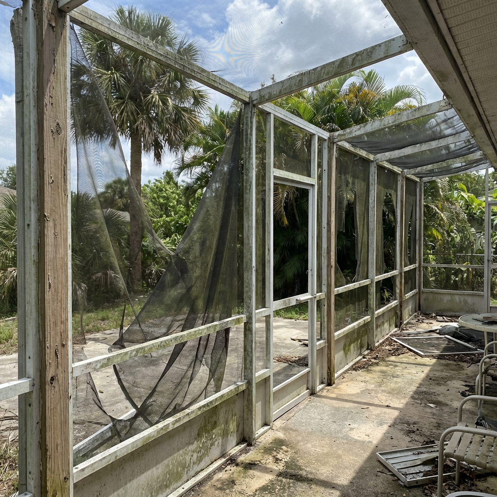 Torn lanai screen panels before replacement
