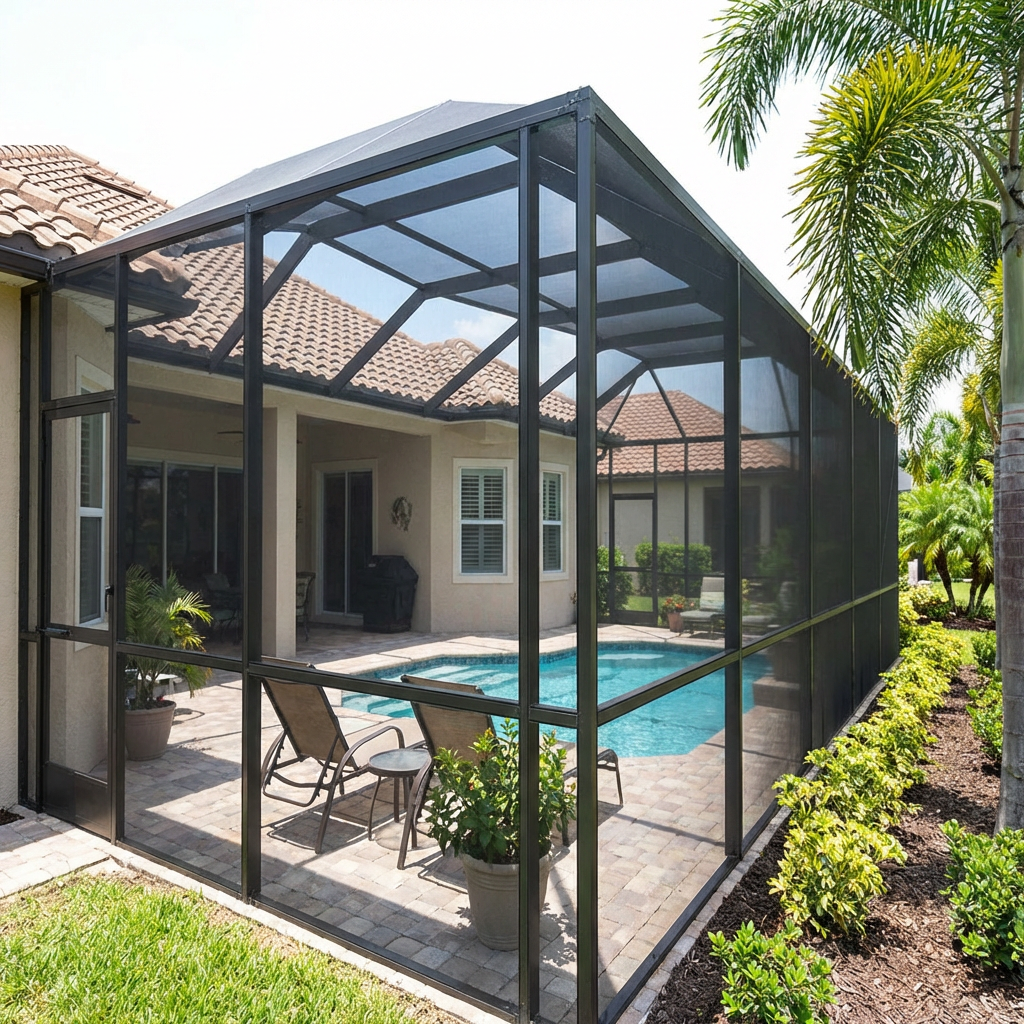 Fully rescreened pool cage in Westchase after repair