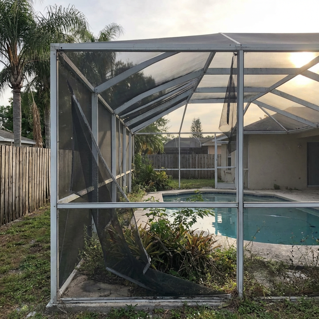 Damaged pool cage with torn screens in Westchase before repair