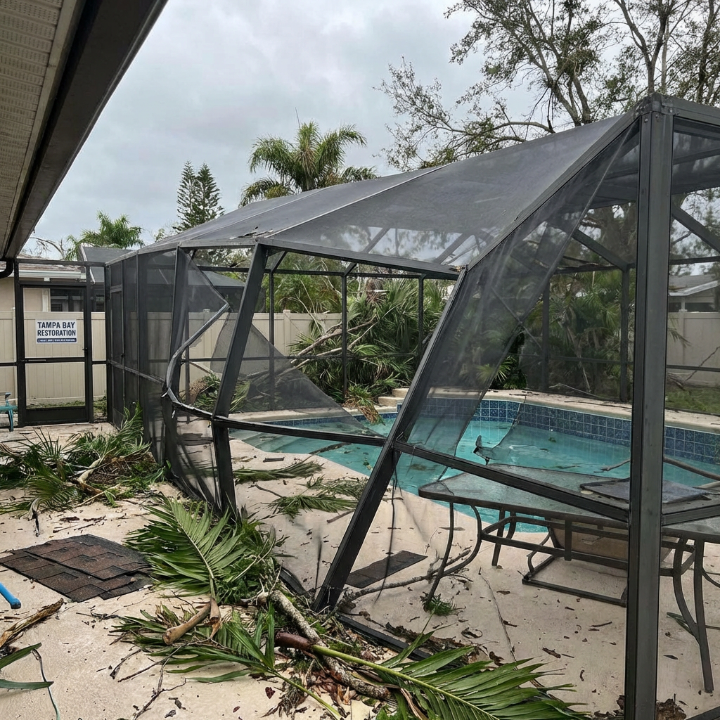 Storm-damaged screen enclosure in Carrollwood before repair