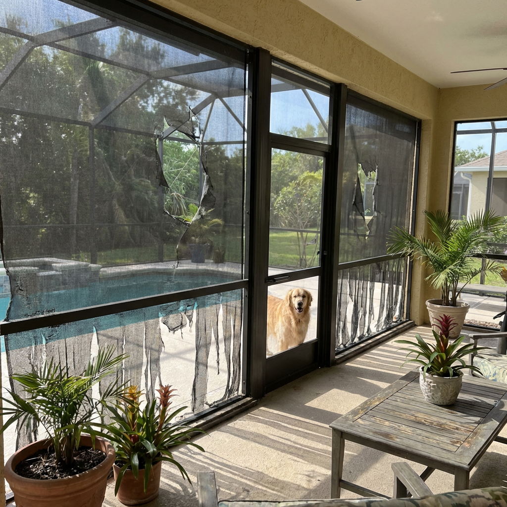 Screen torn by pets in Land O Lakes before pet screen install