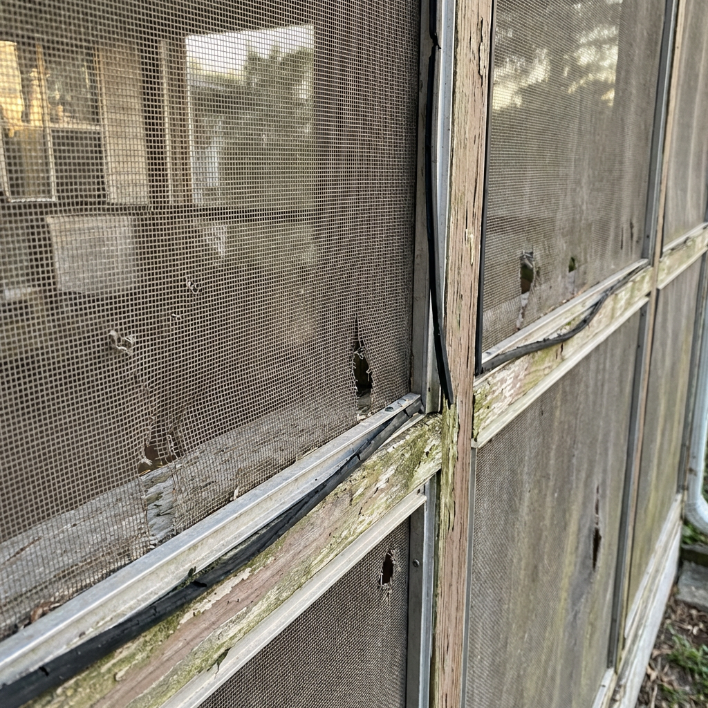 Worn lanai screens in Brandon before restoration