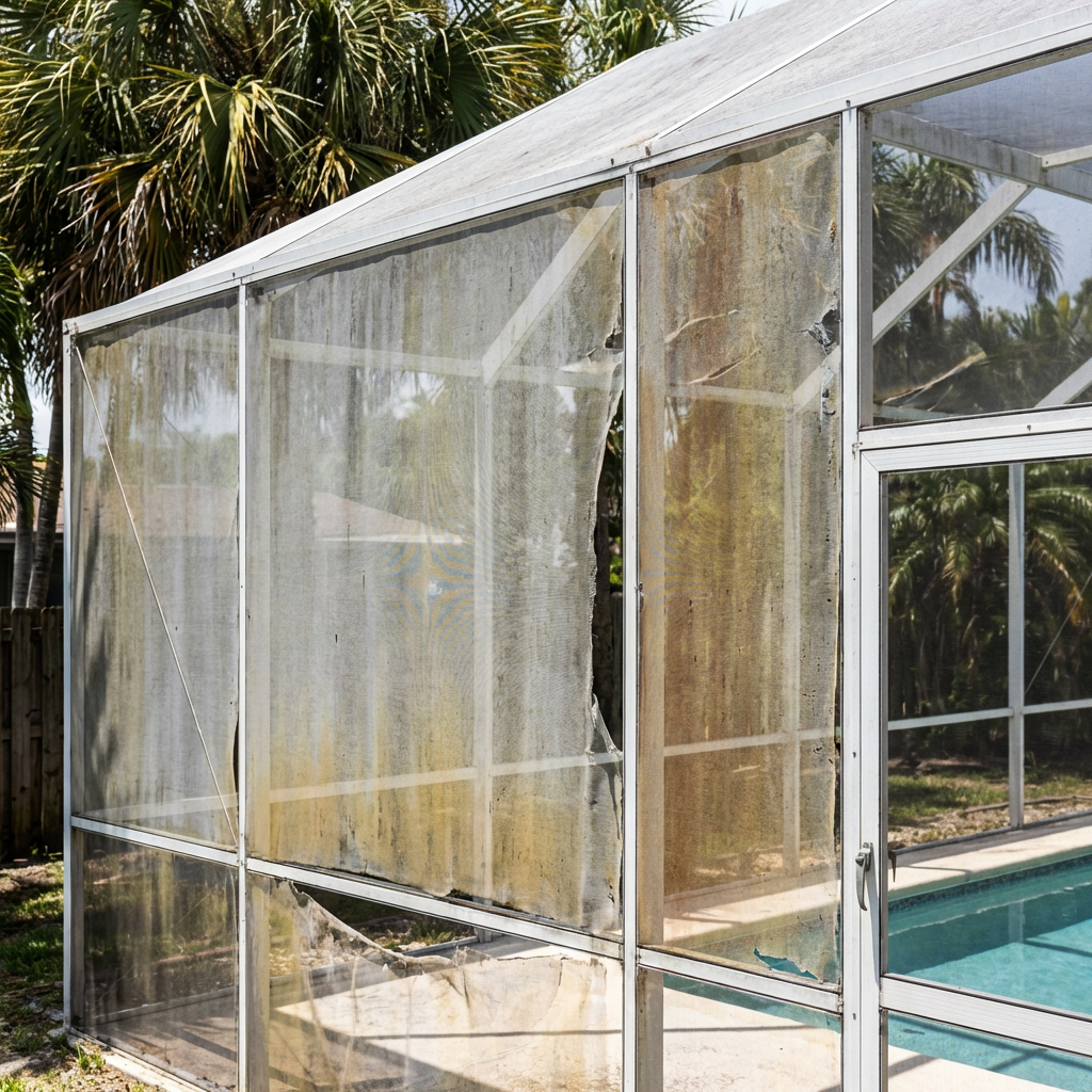 Faded and torn pool cage in Wesley Chapel before super screen