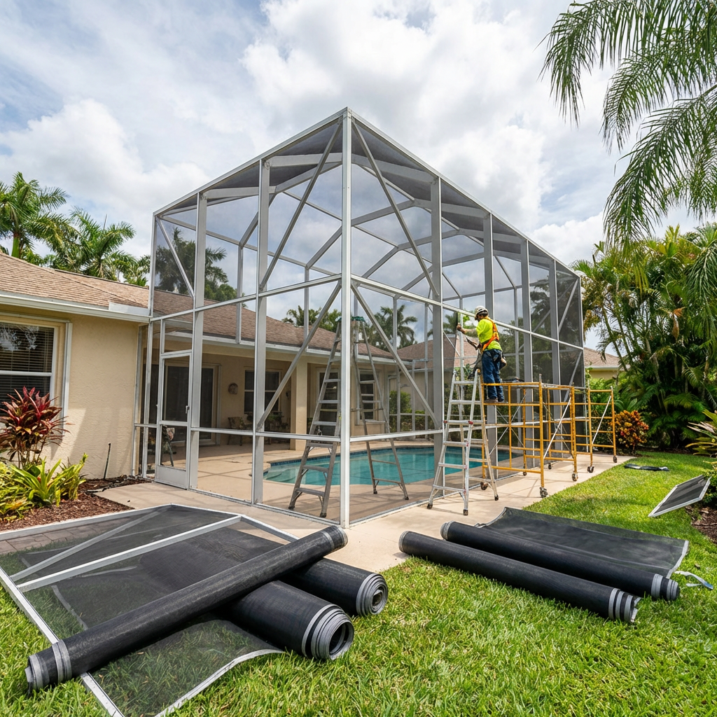 Full pool cage rescreen in progress at Tampa Bay home