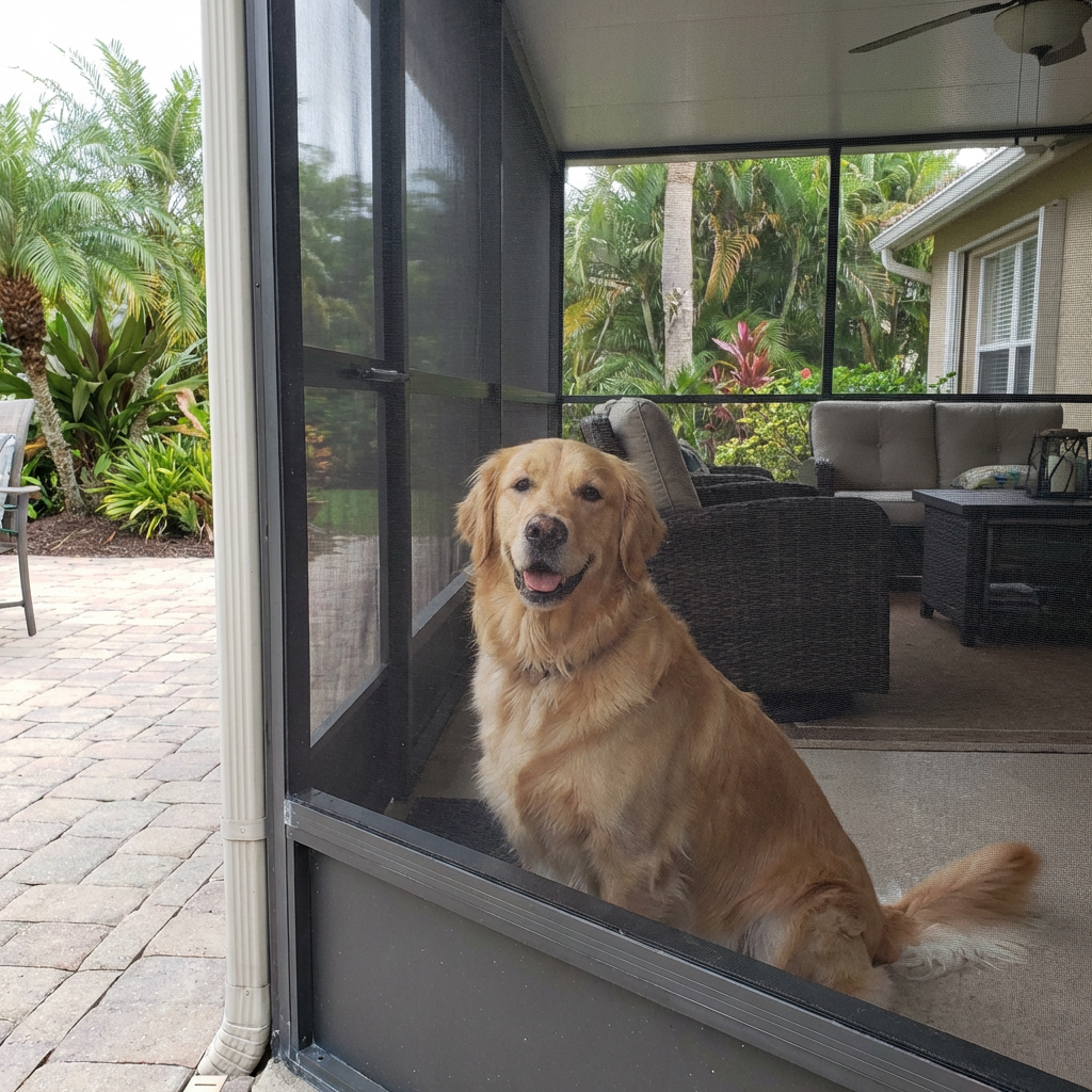 Pet screen installation protecting lanai from dog damage